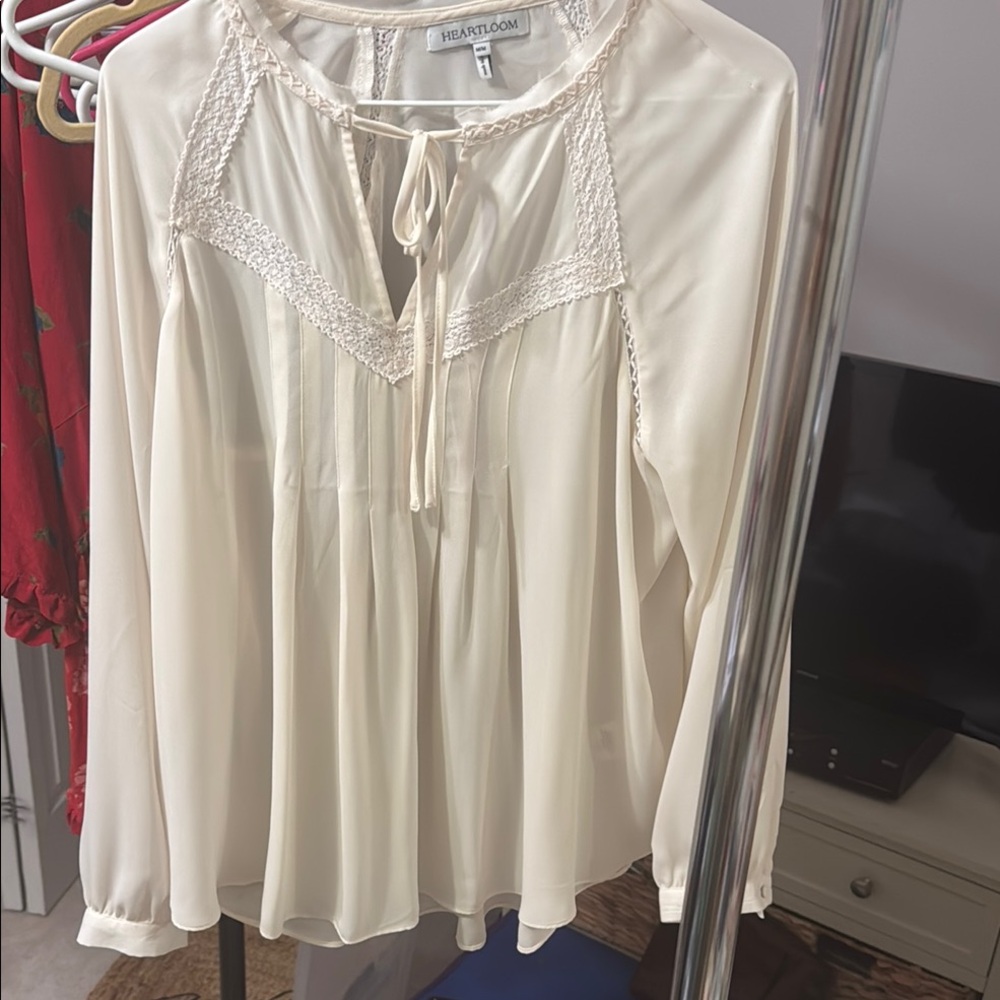 Heartloom Cream Tie Front Blouse with Bib Collar
